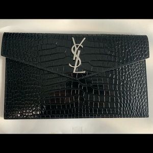 Brand New YSL (Saint Laurent) Uptown Pouch in Crocodile Embossed, Shiny Leather